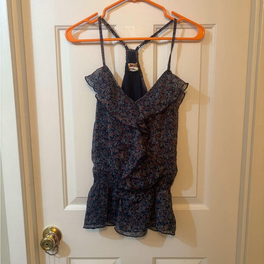 Mudd Navy Floral Camisole with Ruffle